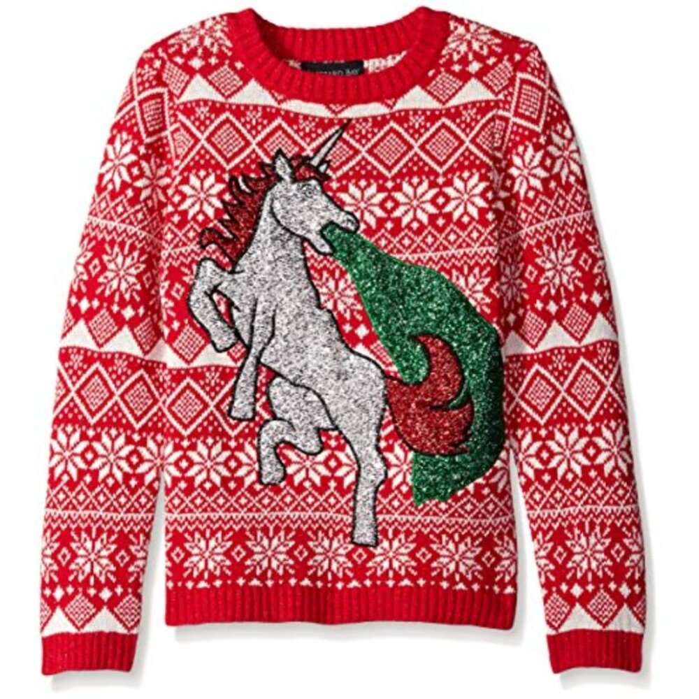 Ugly Christmas Sweater Unisex Unicorn‎ Breathing Fire Tinsel Snowflakes Size L